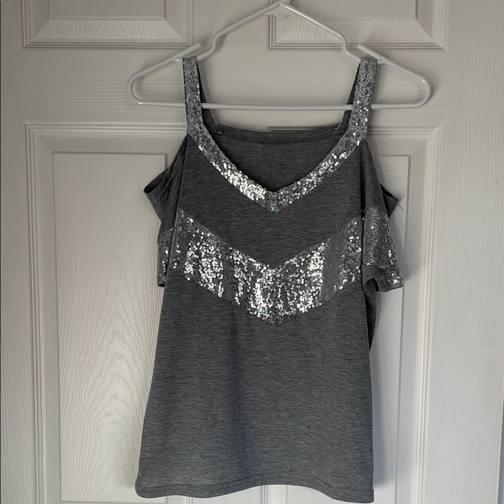 Gray Sequin Cold Shoulder Top